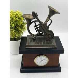 Bey-Berk International Musical Instruments Desk Clock Trumpet Violin Bronze Wood